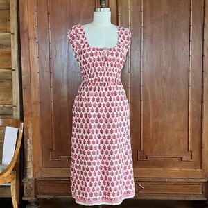 J. Crew Linen Tomato Red Block Print Floral Smocked Midi Dress, Lined, Pockets